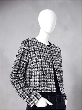 H&M Black & White Plaid Bouclé Jacket – Size M | Silver Button Detail